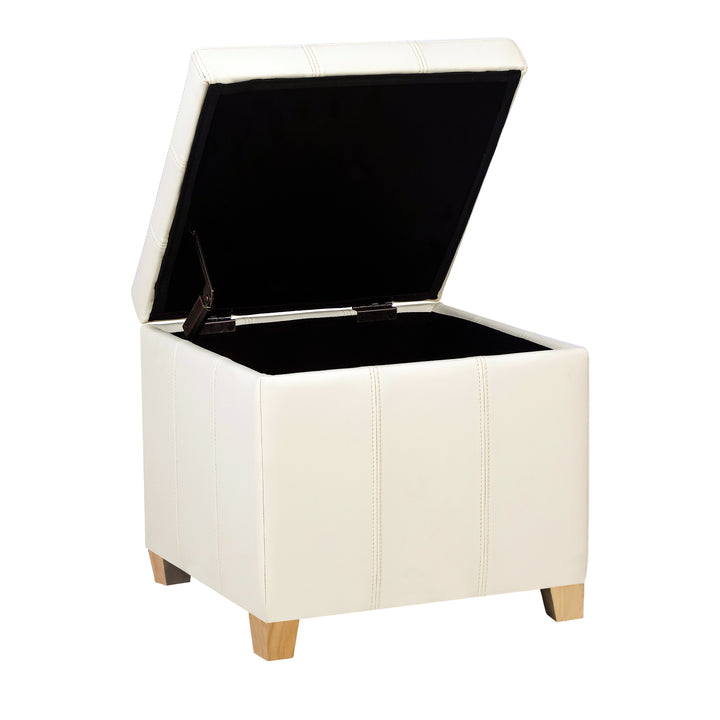 14" cream white faux leather storage ottoman with wood legs
