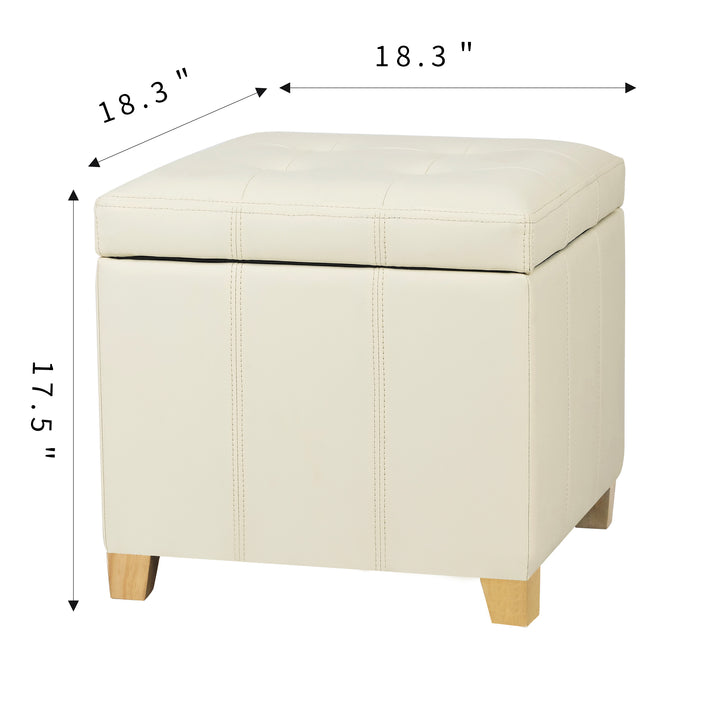 14" cream white faux leather storage ottoman with wood legs