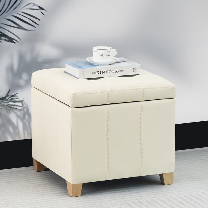 14" cream white faux leather storage ottoman with wood legs
