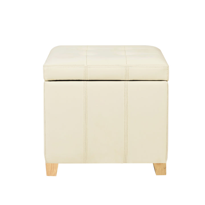 14" cream white faux leather storage ottoman with wood legs