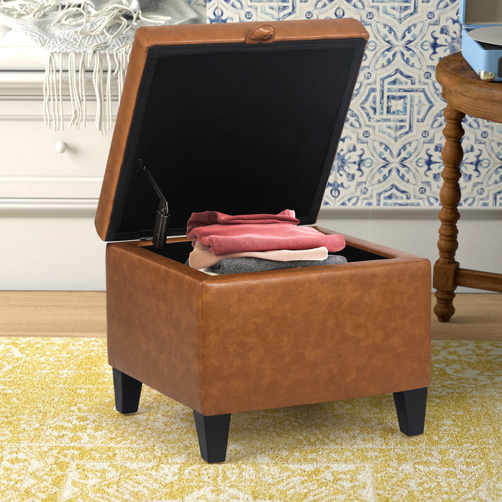 Square faux leather storage ottoman, footstool for home.