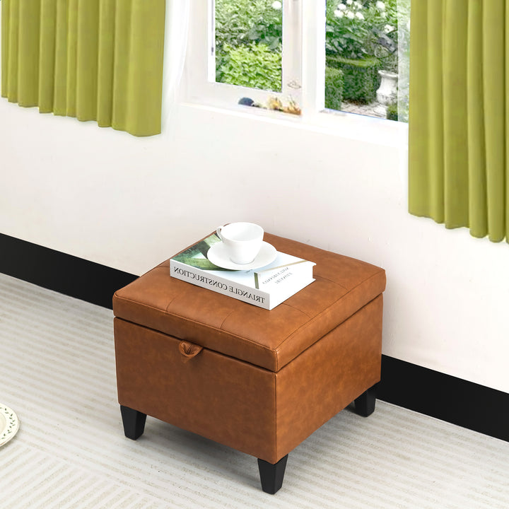 Square faux leather storage ottoman, footstool for home.