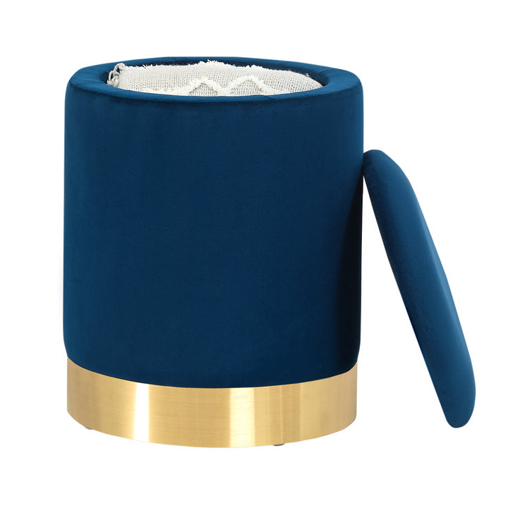 Round velvet storage ottoman with gold base, padded footrest.