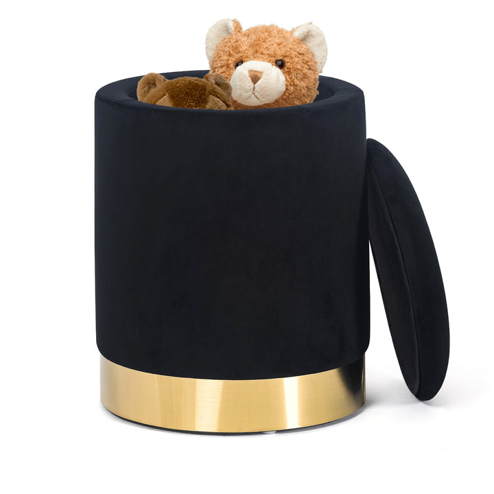 Round velvet storage ottoman with gold base, padded footrest.